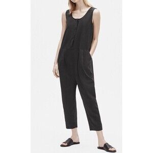 EILEEN FISHER  Jumpsuit  XS Black Cotton Linen Slouchy Button Front Lagenlook